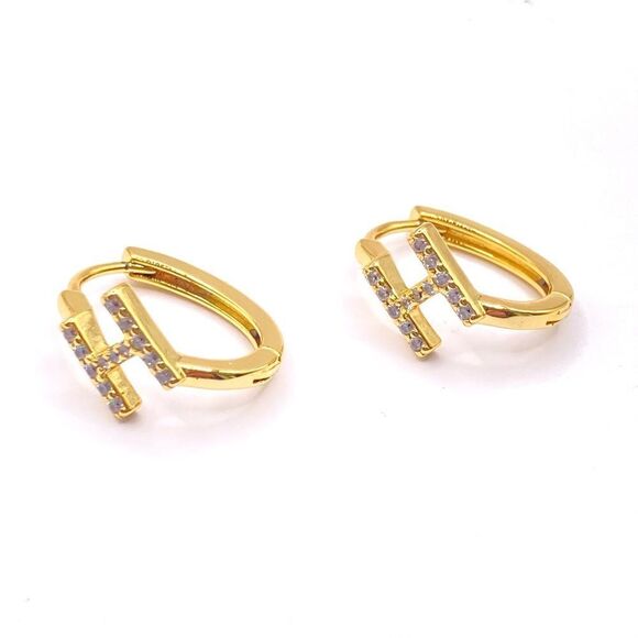 Gold Initial H Oval Hoop Earrings - Picture 1 of 4